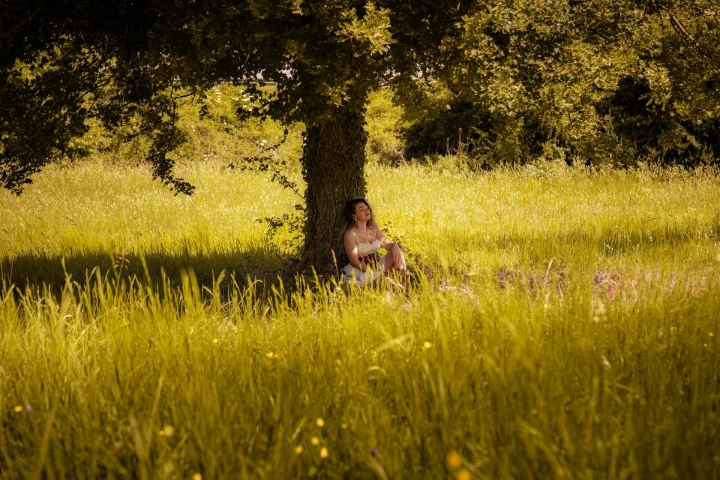 Au loin, contre un arbre, à l'ombre, la femme lit un livre entouré du champ de blé de Gaillon